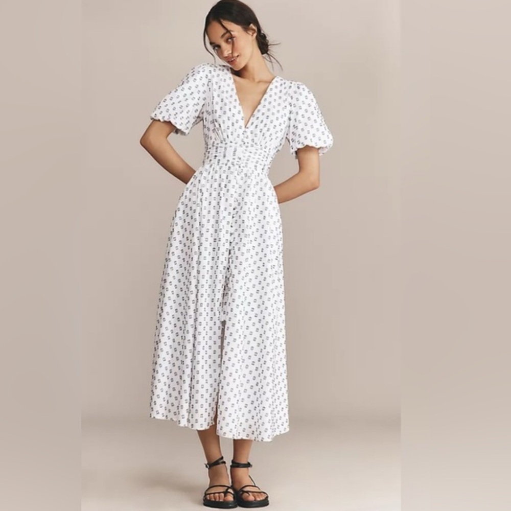 Anthropologie The Katarina Button Front White and Blue Patterned Dress, large - Picture 2 of 5